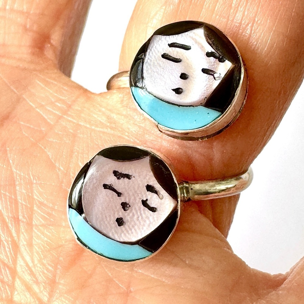 Zuni Indian Maiden Ring Wrap Adjustable‎ Sz 7 Turquoise Inlay Woman Native Amer